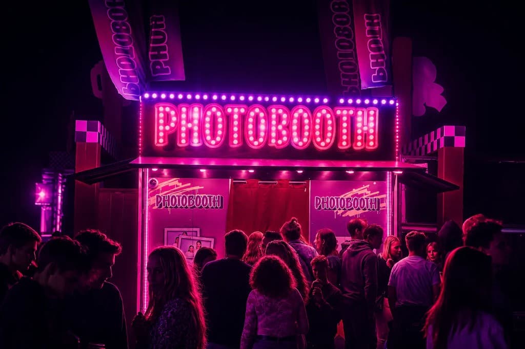 Photobooth XXL op een festival met dansend publiek rond de booth